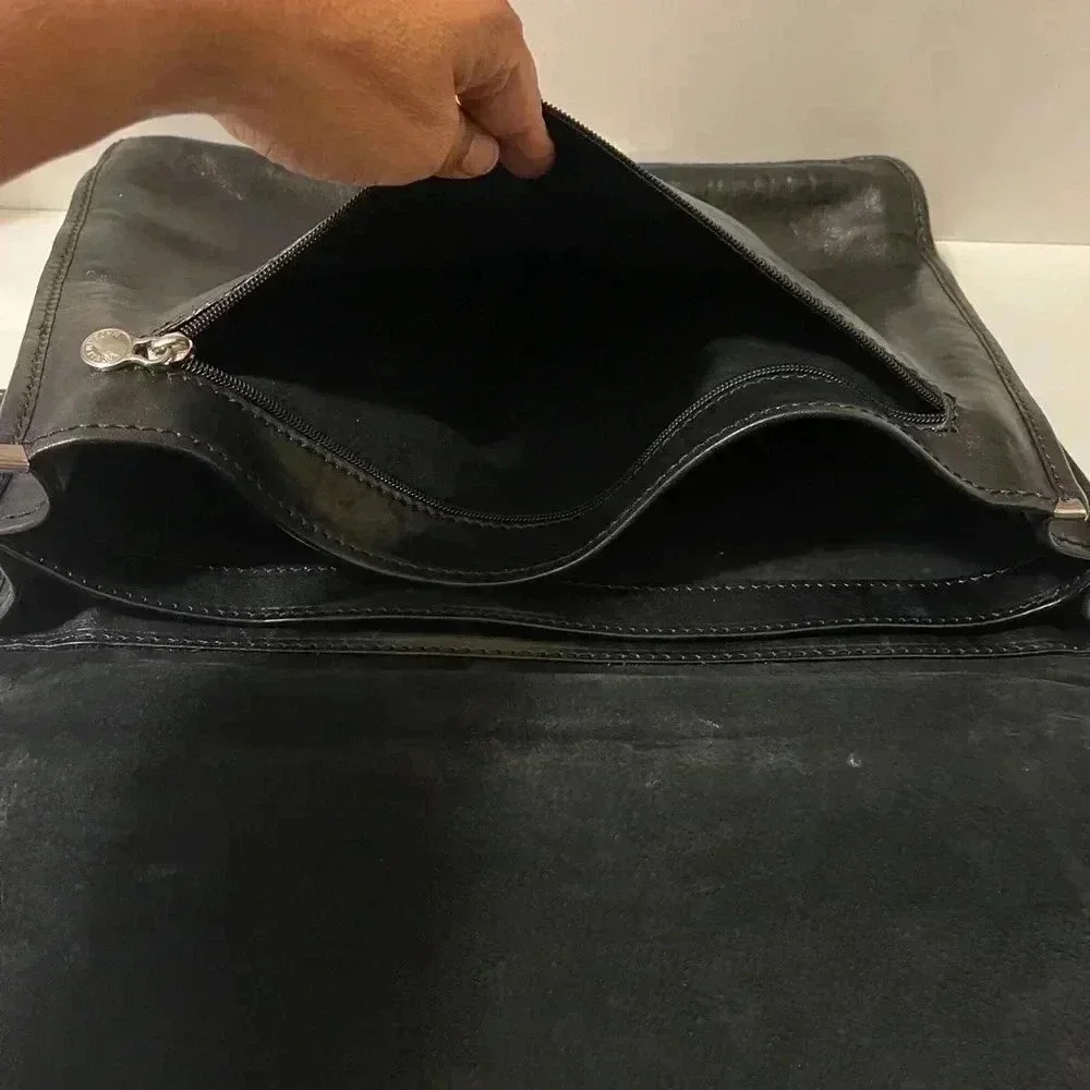 Vintage Hebella black Italian Leather gold Clasp Front Across Body laptop bag